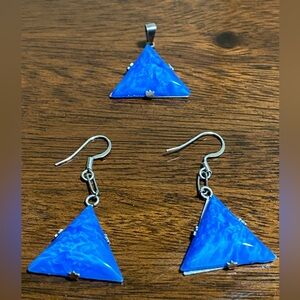 92 Sterling Silver Triangle Tagua Nut Earrings and pendant in Blue